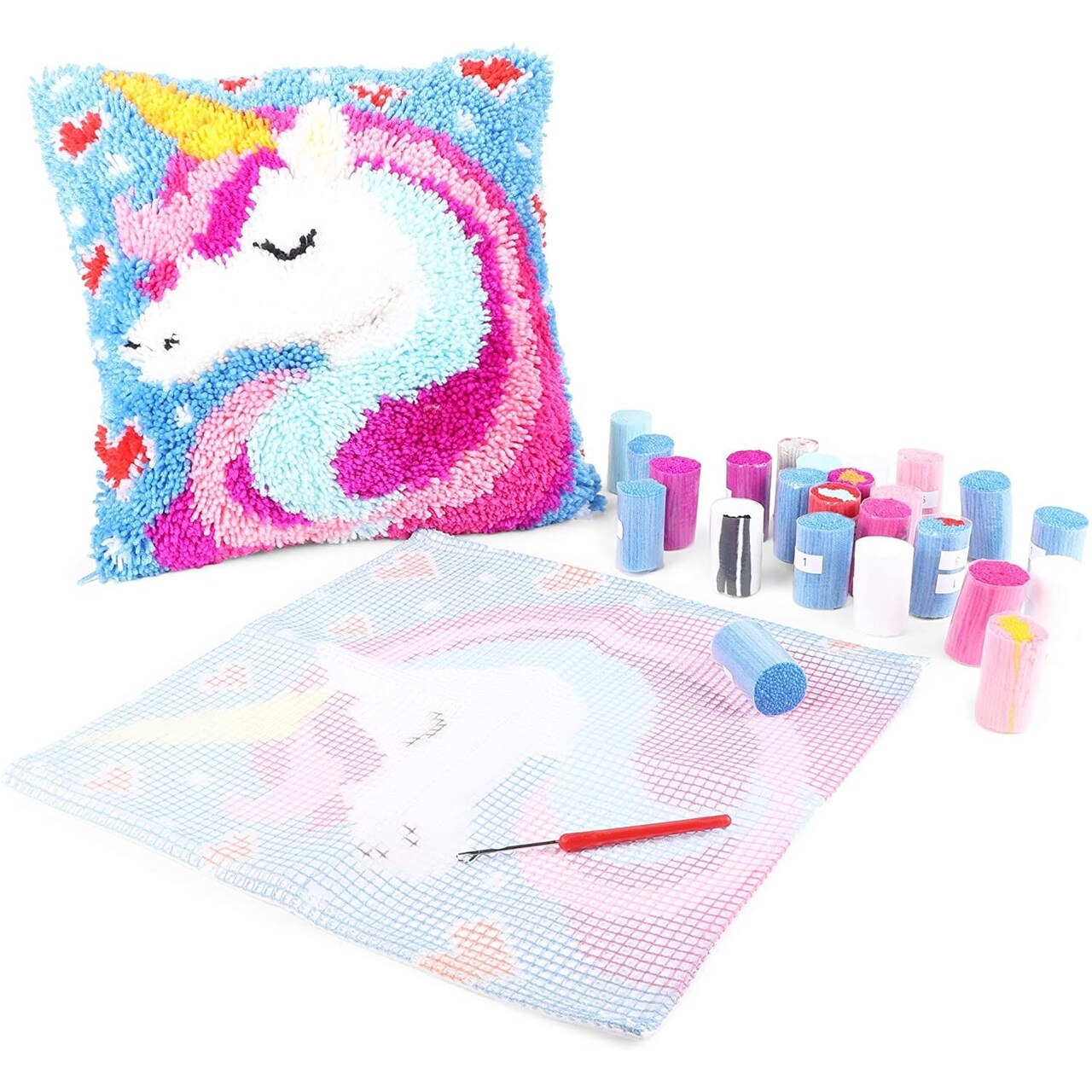 Bright Creations 26-Piece Unicorn Latch Hook Pillow Kit for Kids Ages 7–14, Beginners Craft Set with Printed Canvas, Colorful Yarn – DIY Needlework Cushion Cover
